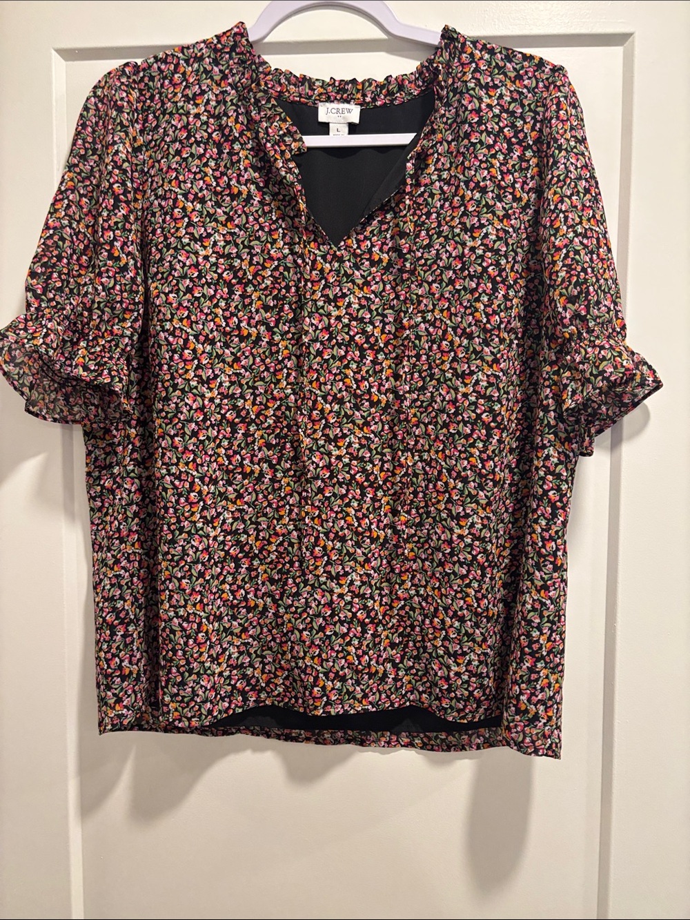 J. Crew Factory Black Floral V-Neck Ruffle Sleeve Top